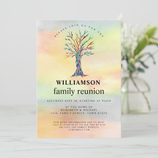 ファミリー懇親会ファミリーツリーカラフル招待状 招待状 (スタンド正面)