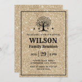 ファミリー懇親会ファミリーツリーモダン金ゴールドグリッター 招待状 (正面/裏面)