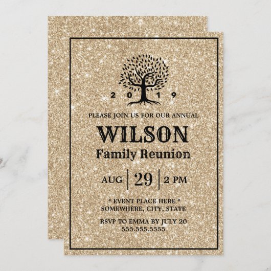 ファミリー懇親会ファミリーツリーモダン金ゴールドグリッター 招待状 (正面/裏面)