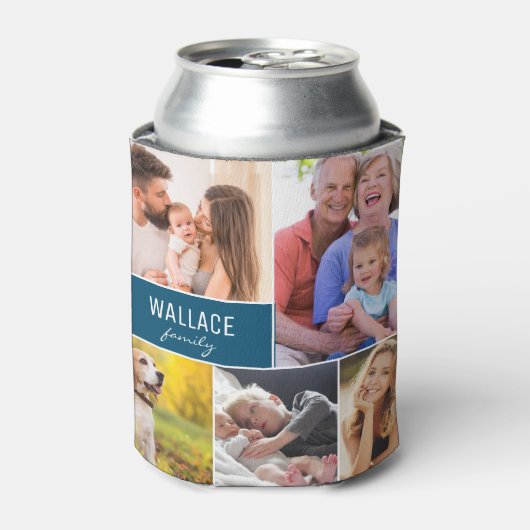 ファミリー懇親会フォトコラージュ名前をカスタムするブルー 缶クーラー (缶正面)
