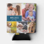 ファミリー懇親会フォトコラージュ名前をカスタムするブルー 缶クーラー (正面)