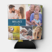 ファミリー懇親会フォトコラージュ名前をカスタムするブルー 缶クーラー (裏面)