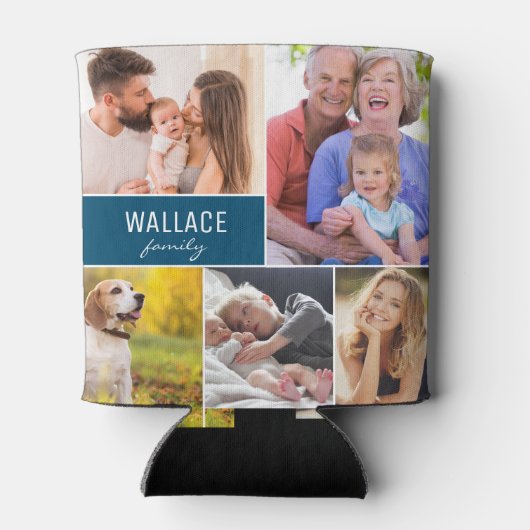 ファミリー懇親会フォトコラージュ名前をカスタムするブルー 缶クーラー (裏面)