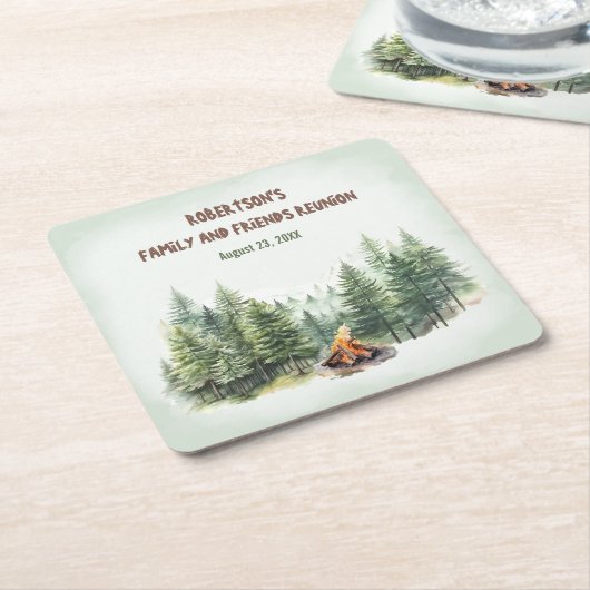 ファミリー懇親会フォレストキャンプファイアーグリーン スクエアペーパーコースター (アングル)