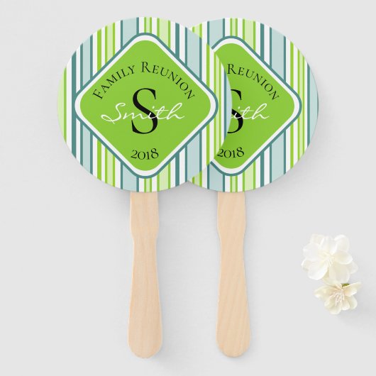 ファミリー懇親会ブルーとグリーンストライプ ハンドファン (正面&裏面)