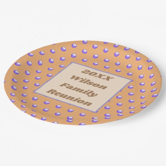 ファミリー懇親会ブルーアンドピーチ水玉模様パターン ペーパープレート (アングル)