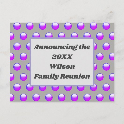 ファミリー懇親会ブルーパープル水玉模様招待状 ポストカード (正面)