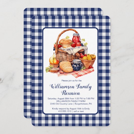 ファミリー懇親会ブルーホワイトチェックピクニック招待状 招待状 (正面/裏面)
