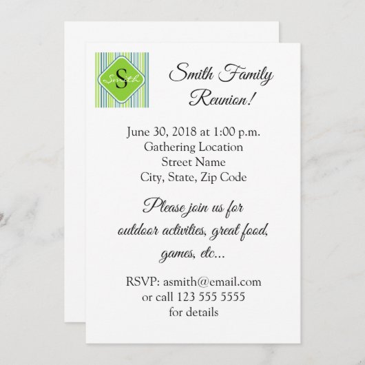 ファミリー懇親会ブルー&グリーンストライプ 招待状 (正面/裏面)