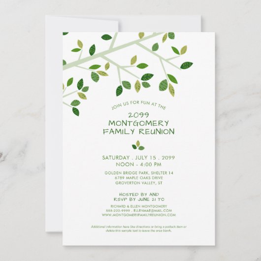 ファミリー懇親会ミニマリストグリーンファミリーツリー 招待状 (正面)
