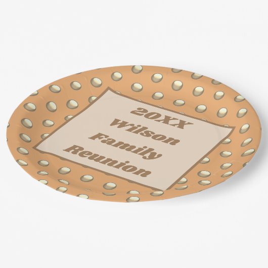 ファミリー懇親会ミールピクニック金ゴールドピーチ水玉模様 ペーパープレート (アングル)