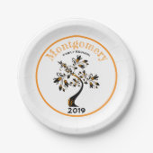 ファミリー懇親会モダンオレンジとブラックフローラツリー ペーパープレート (正面)