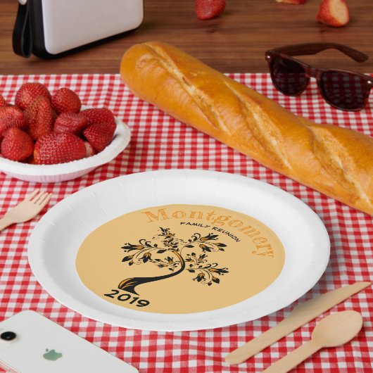 ファミリー懇親会モダンオレンジとブラックフローラツリー ペーパープレート (ピクニック)