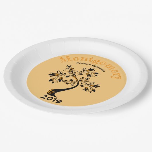 ファミリー懇親会モダンオレンジとブラックフローラツリー ペーパープレート (アングル)