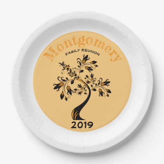 ファミリー懇親会モダンオレンジとブラックフローラツリー ペーパープレート (正面)