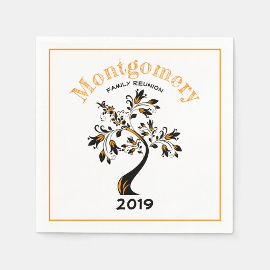 ファミリー懇親会モダンオレンジフローリングブラックツリー スタンダードカクテルナプキン (正面)