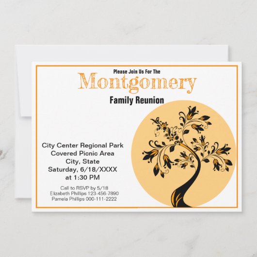 ファミリー懇親会モダンオレンジ&ブラックツリーアート 招待状 (正面)