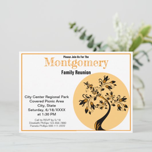 ファミリー懇親会モダンオレンジ&ブラックツリーアート 招待状 (スタンド正面)