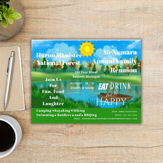 ファミリー懇親会レイクキャンプ招待状ハガキ ポストカード