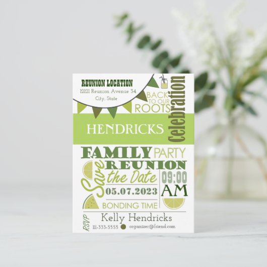 ファミリー懇親会ワードアートデザインI ポストカード (スタンド正面)