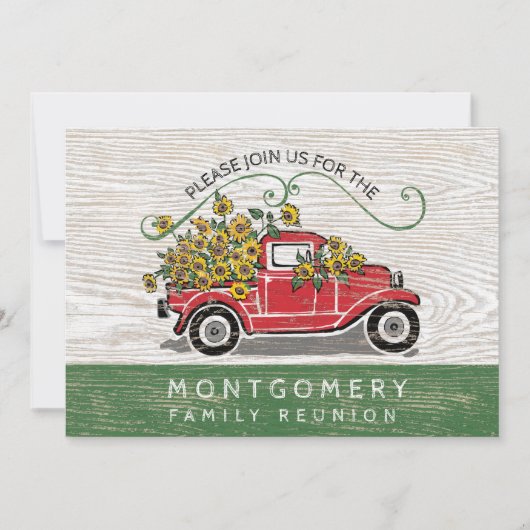 ファミリー懇親会ヴィンテージレッドトラックヒマワ素朴リー 招待状 (正面)