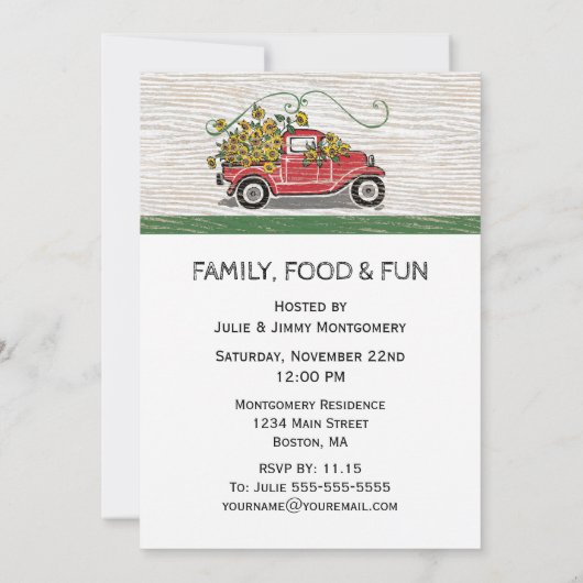 ファミリー懇親会ヴィンテージレッドトラックヒマワ素朴リー 招待状 (裏面)