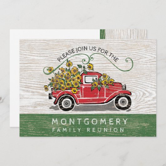 ファミリー懇親会ヴィンテージレッドトラックヒマワ素朴リー 招待状 (正面/裏面)