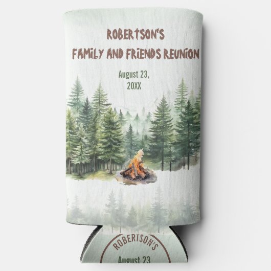 ファミリー懇親会名フォレストキャンプファイアーグリーン スリム缶クーラー (正面)