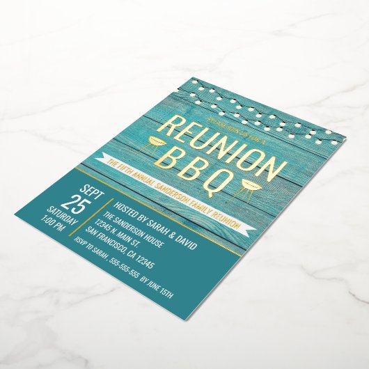 ファミリー懇親会年次BBQバーベキュー素朴 箔招待状 (回転した状態)