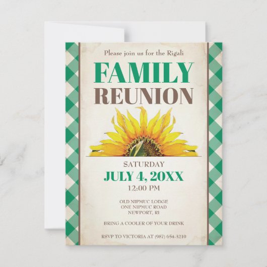 ファミリー懇親会招待状、ひまわり、緑 招待状 (正面)