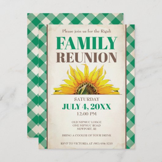 ファミリー懇親会招待状、ひまわり、緑 招待状 (正面/裏面)