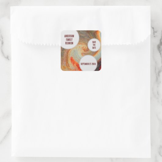 ファミリー懇親会日付を保存するオレンジ色の茶色のGroovy スクエアシール (バッグ)