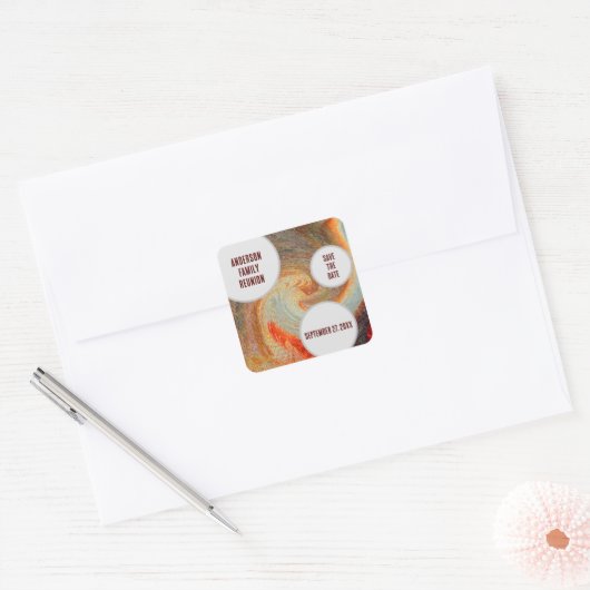 ファミリー懇親会日付を保存するオレンジ色の茶色のGroovy スクエアシール (封筒)