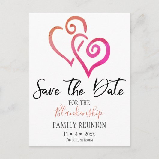 ファミリー懇親会日付を保存オレンジピンクハート  案内ポストカード (正面)