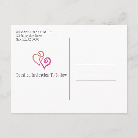 ファミリー懇親会日付を保存オレンジピンクハート 案内ポストカード (裏面)