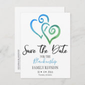 ファミリー懇親会日付を保存ブルーグリーンハートアン 案内ポストカード (正面/裏面)