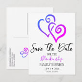 ファミリー懇親会日付を保存ブルーピンクハート 案内ポストカード (正面/裏面)