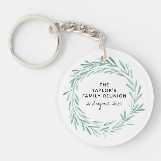 ファミリー懇親会水彩リース緑の葉 キーホルダー (正面)