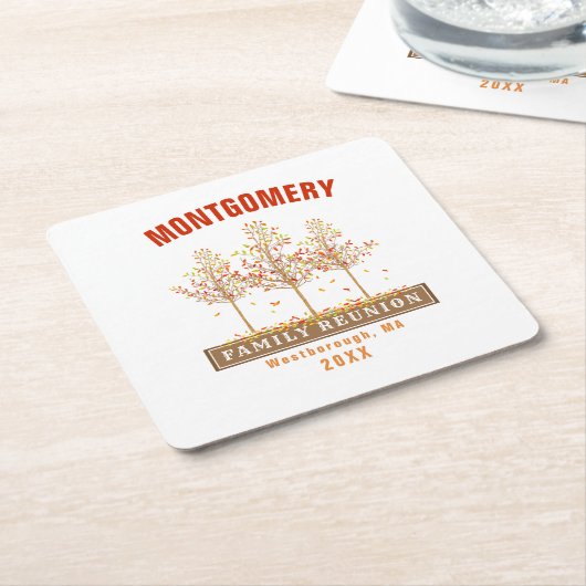 ファミリー懇親会水彩秋の木々モノグラム スクエアペーパーコースター (アングル)