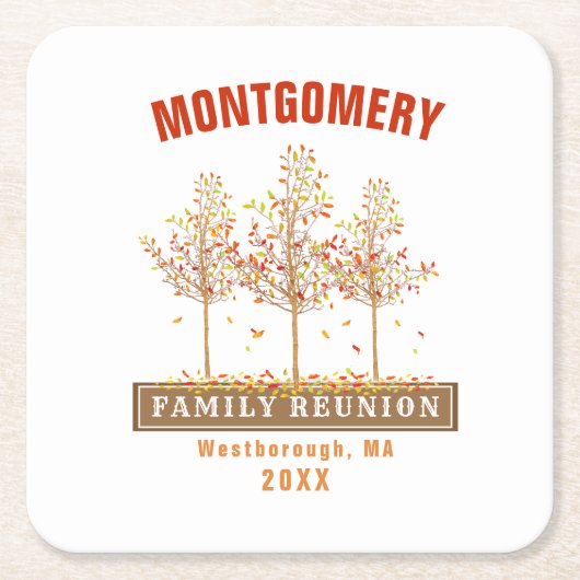 ファミリー懇親会水彩秋の木々モノグラム スクエアペーパーコースター (正面)