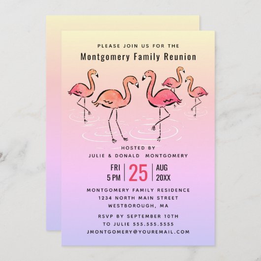 -ファミリー懇親会熱帯水彩フラミンゴ 招待状 (正面/裏面)
