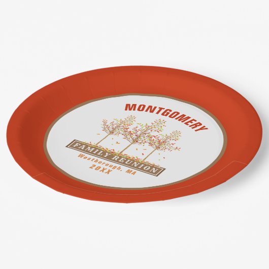 ファミリー懇親会燃えたオレンジ秋の木の水色 ペーパープレート (アングル)