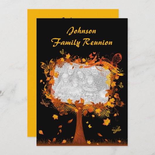 ファミリー懇親会秋の木の写真立て 招待状 (正面/裏面)