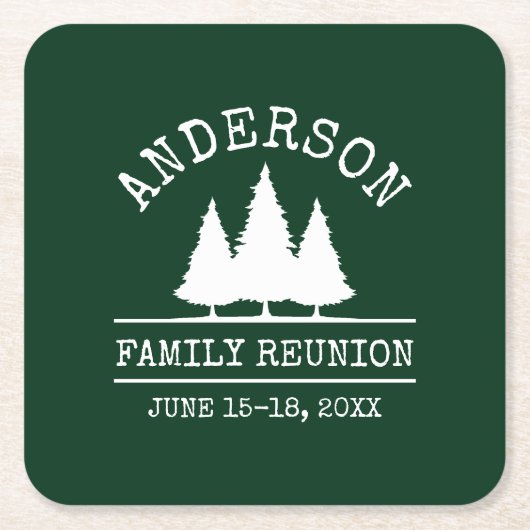 ファミリー懇親会素朴パインツリーズグリーン スクエアペーパーコースター (正面)