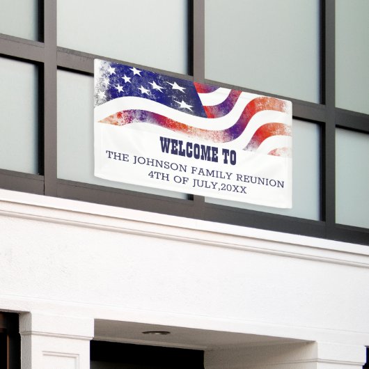 ファミリー懇親会赤と青のアメリカ国旗  横断幕 (ビルの外側)