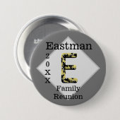 ファミリー懇親会金ゴールドブラックレターEモノグラム 缶バッジ (正面&裏面)