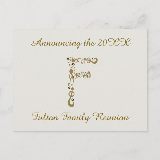 ファミリー懇親会金ゴールドレターFモノグラム招待状 ポストカード (正面)