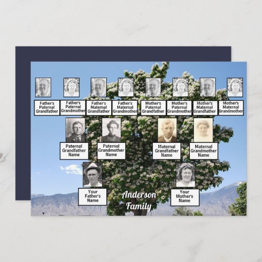 ファミリー懇親会3世代の花付き木 招待状 (正面/裏面)