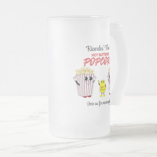 ファミリー映画館おもしろいポップコーンマスコッツ フロストグラスビールジョッキ (正面右)