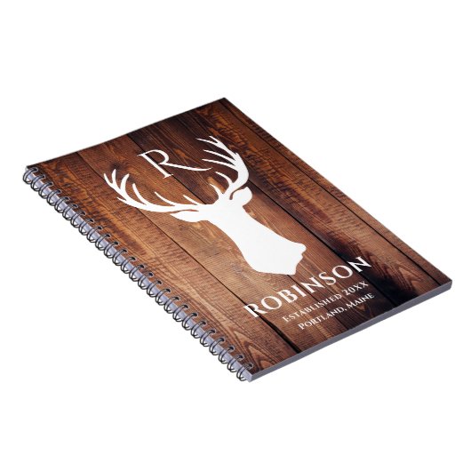 ファミリー素朴モノグラム名ウッドディアアントラー ノートブック (右側)